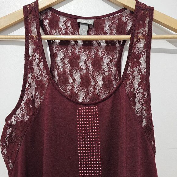 Vanity - Tank Top Lace Bedazzled Y2k - Size M - Maroon - Picture 4 of 8